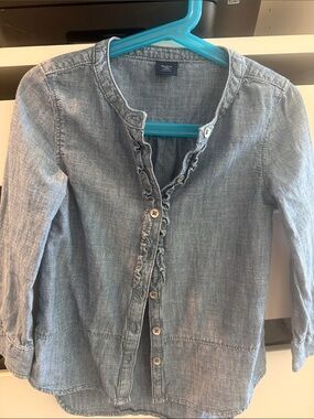 GAP Light Blue Denim Ruffle Button-Up Top